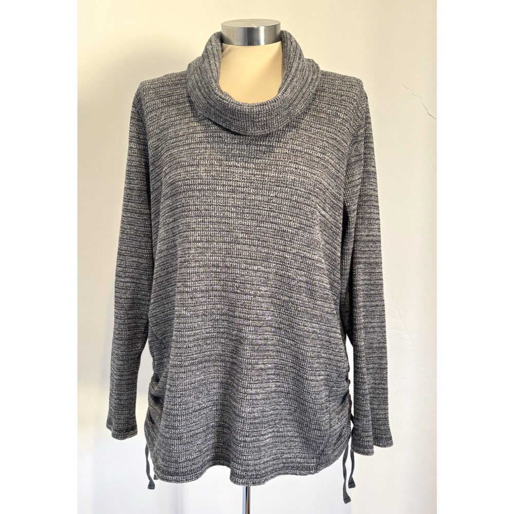 J. JILL Cowl Neck Waffle Knit Sweater Grey Cotton Blend Ruching Soft Size XL